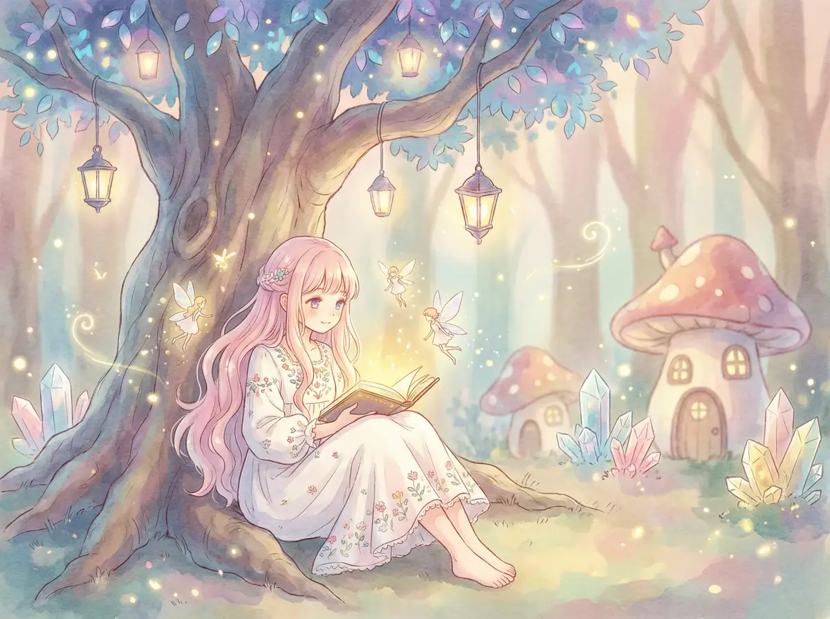 叛谍杀机 - 魔法森林中阅读故事书的粉发少女与精灵